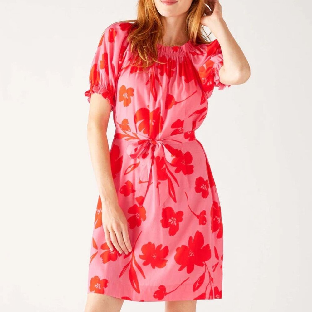 Mersea Ibiza‎ Dress XL Pink Red Floral Blouson Sleeve Mini Belted New